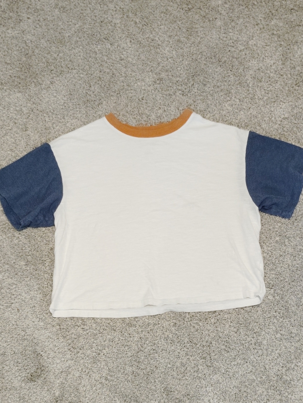 Universal Thread White Tee with Navy Sleeves and Tan Neckline